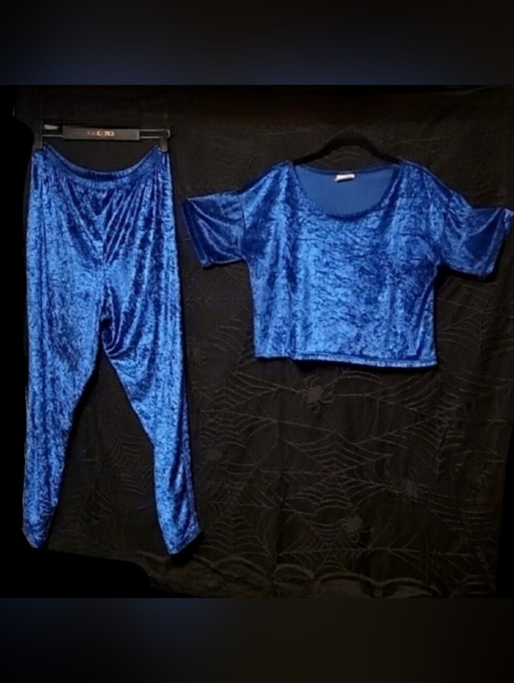 Vtg 90s Secret Treasures  blue sateen crop top High Waist Pant loungewear set L - Picture 9 of 17